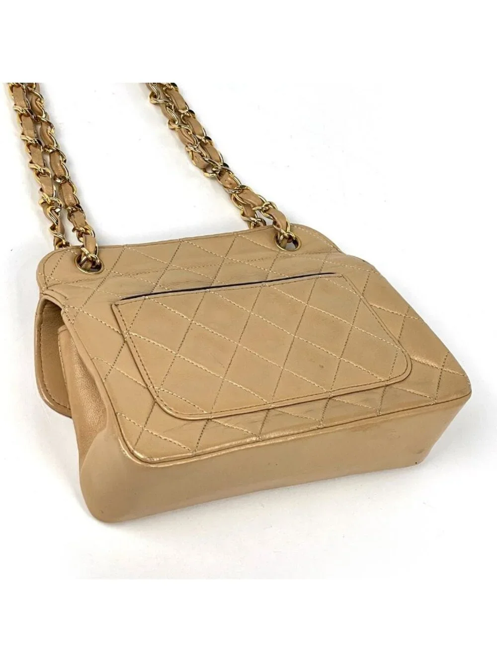Chanel CC Logo Chain Shoulder Bag Quilted Leather Beige